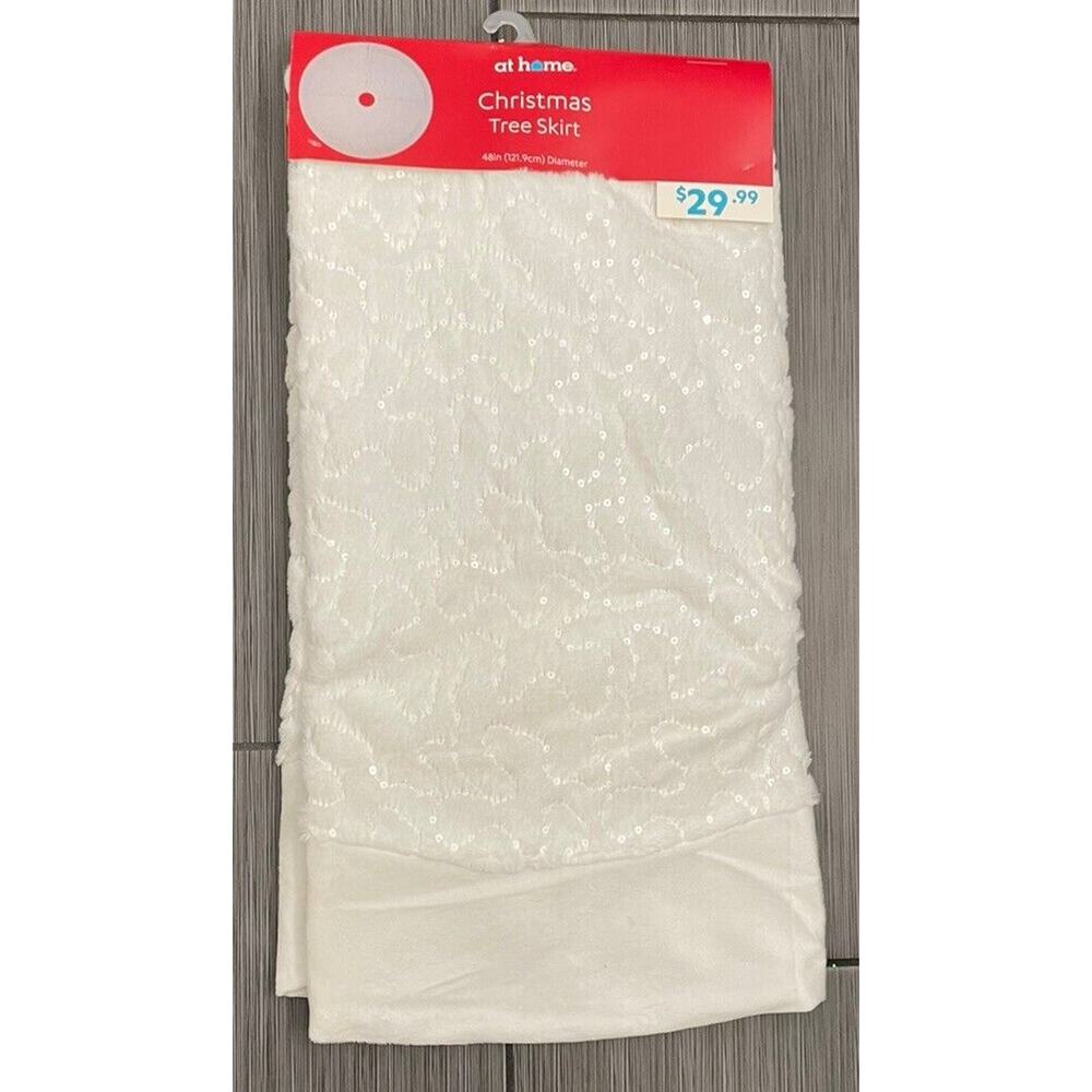 At Home White Faux Fur And Sequins White 48 Inch Tree Skirt NWT